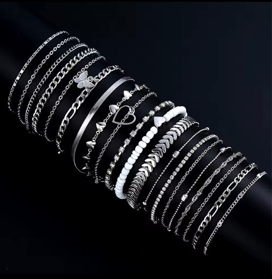 19-Piece Women’s Silver Anklet Set – Pearls, Butterflies, Hearts & Crystals