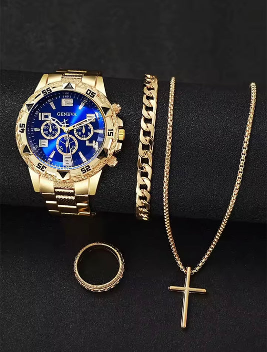 Men’s Gold or Silver Alloy Watch & Jewelry Gift Set – Bracelet, Necklace & Ring Combo