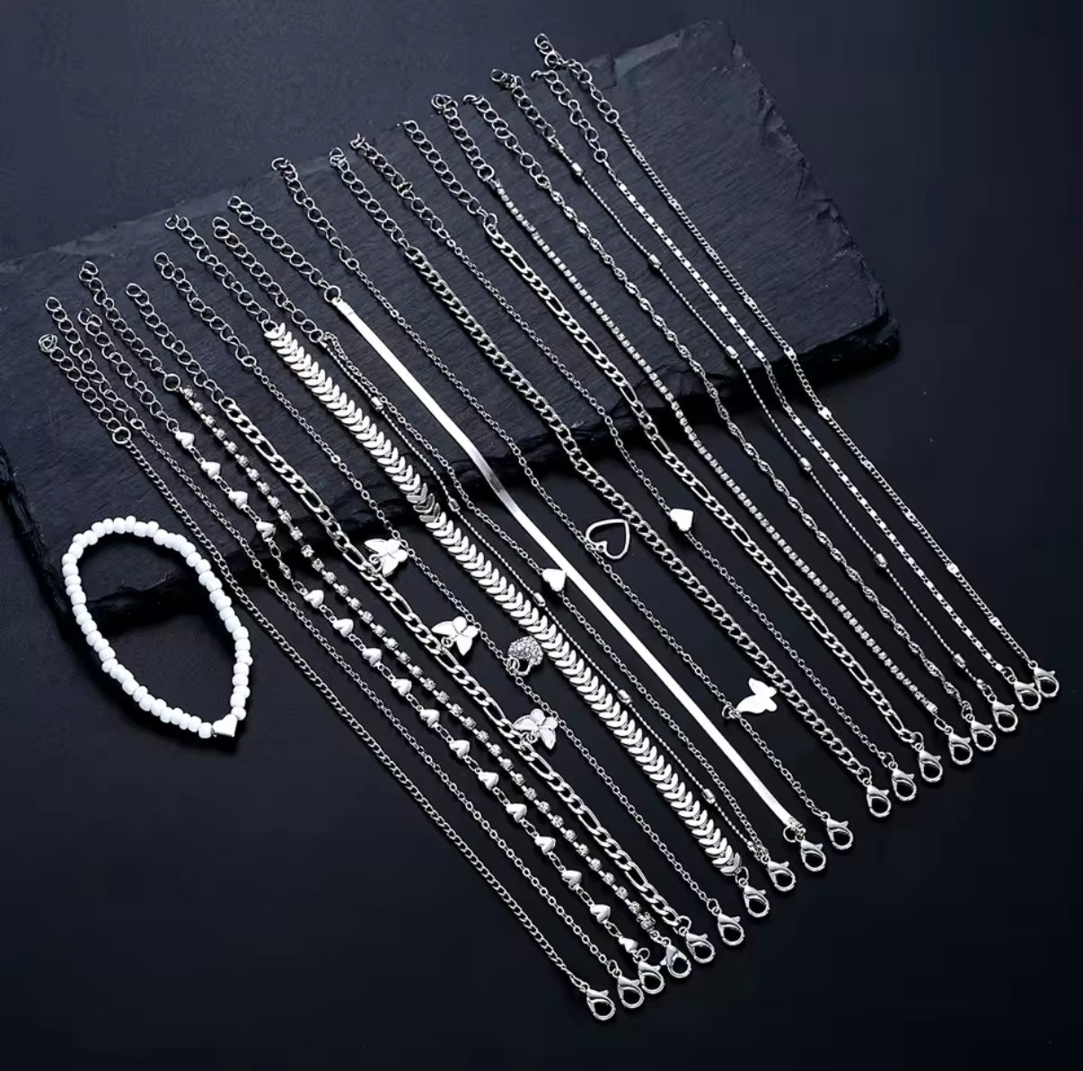19-Piece Women’s Silver Anklet Set – Pearls, Butterflies, Hearts & Crystals