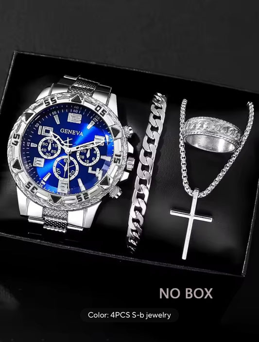 Men’s Gold or Silver Alloy Watch & Jewelry Gift Set – Bracelet, Necklace & Ring Combo
